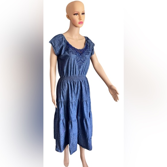 Reba Dresses & Skirts - Reba Blue Denim Tiered Ruffled Dress